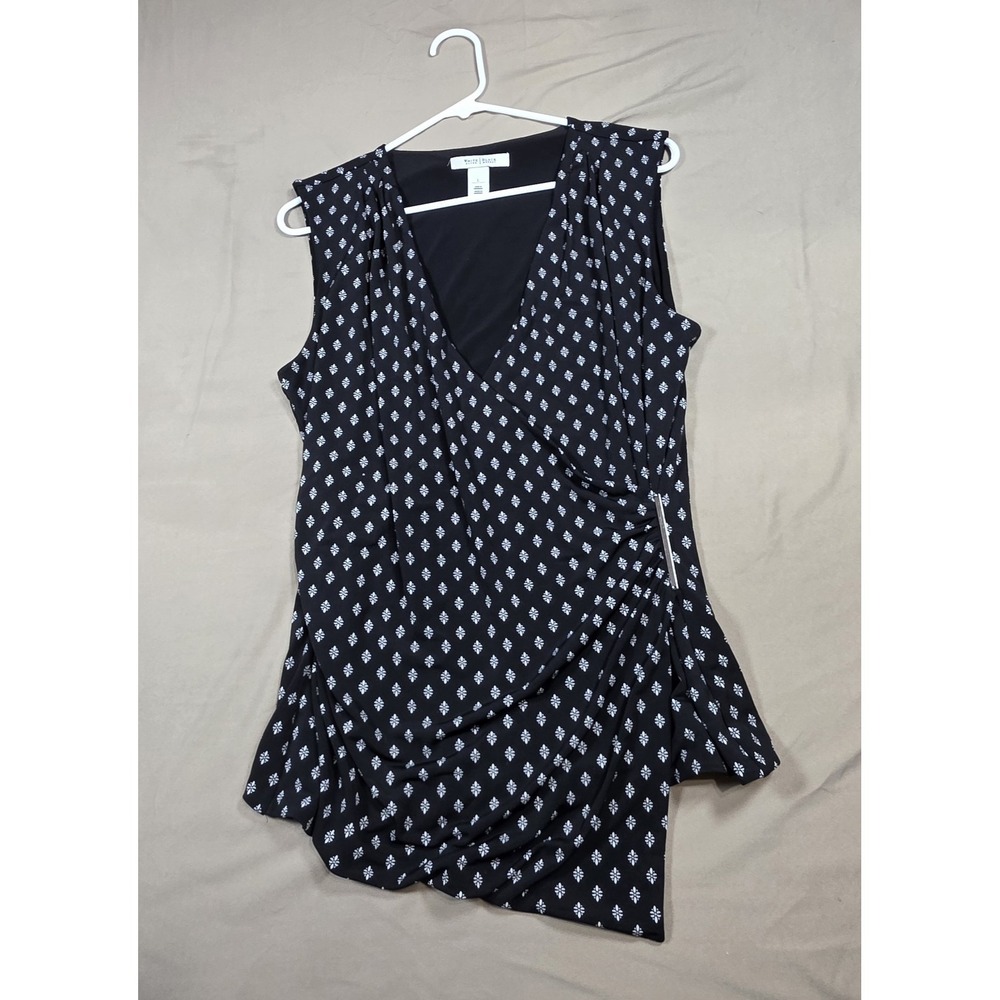 WHBM Sleeveless Top Womens Size L Black White Printed Surplice Wrap Silver Bar